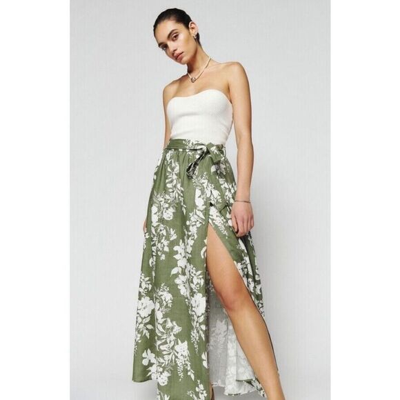 Reformation Long Maxi Skirt Women's Size 2 Green Floral Pleated Karmen Tie Waist - Picture 1 of 6